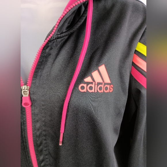 Adidas Athletic Black Zip-Up Hoodie Hot Pink and Yellow Stripes (#1,303)(C) - Picture 4 of 7